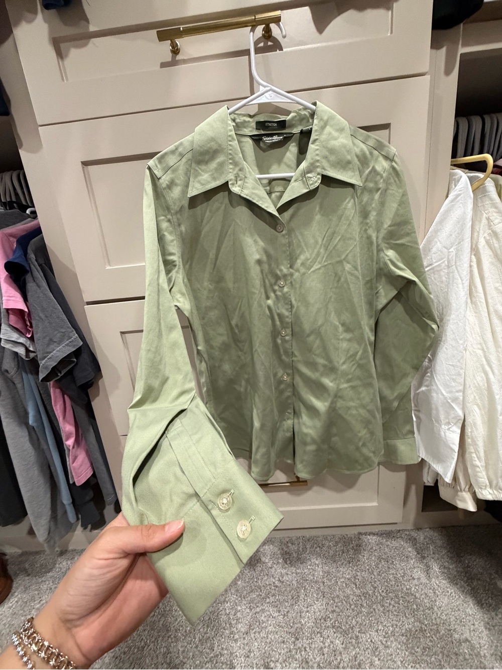 Eddie Bauer Light Green Button-Up Dress Shirt wrinkle resistant